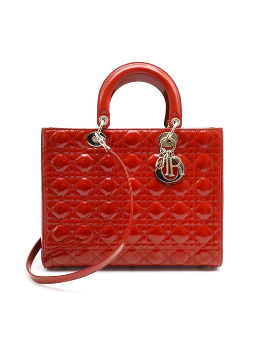 DIOR Lady dior 藤格紋戴妃包 - 大號漆皮深紅