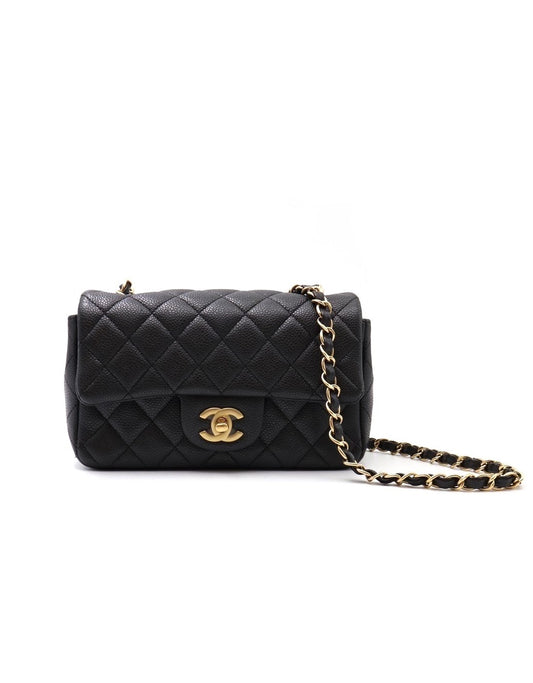 CHANEL 經典口蓋包 Mini CF20 - 粒面牛皮黑金 20開