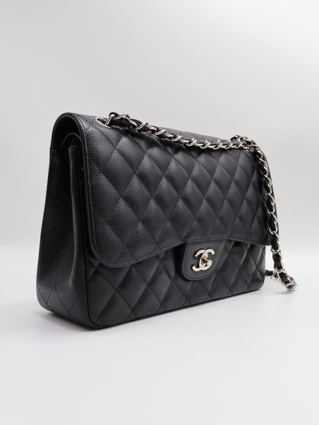 CHANEL 經典口蓋包Jumbo CF30 - 粒面牛皮黑銀19開