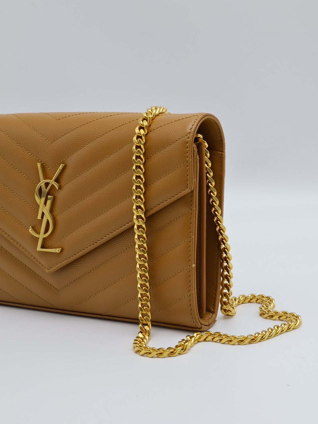 YSL 經典V紋粒面牛皮woc - 焦糖金