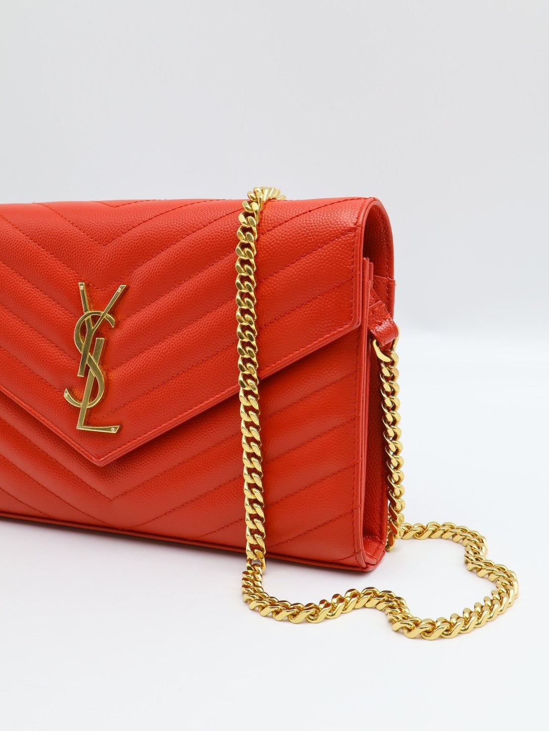 YSL 經典V紋粒面牛皮woc - 紅金