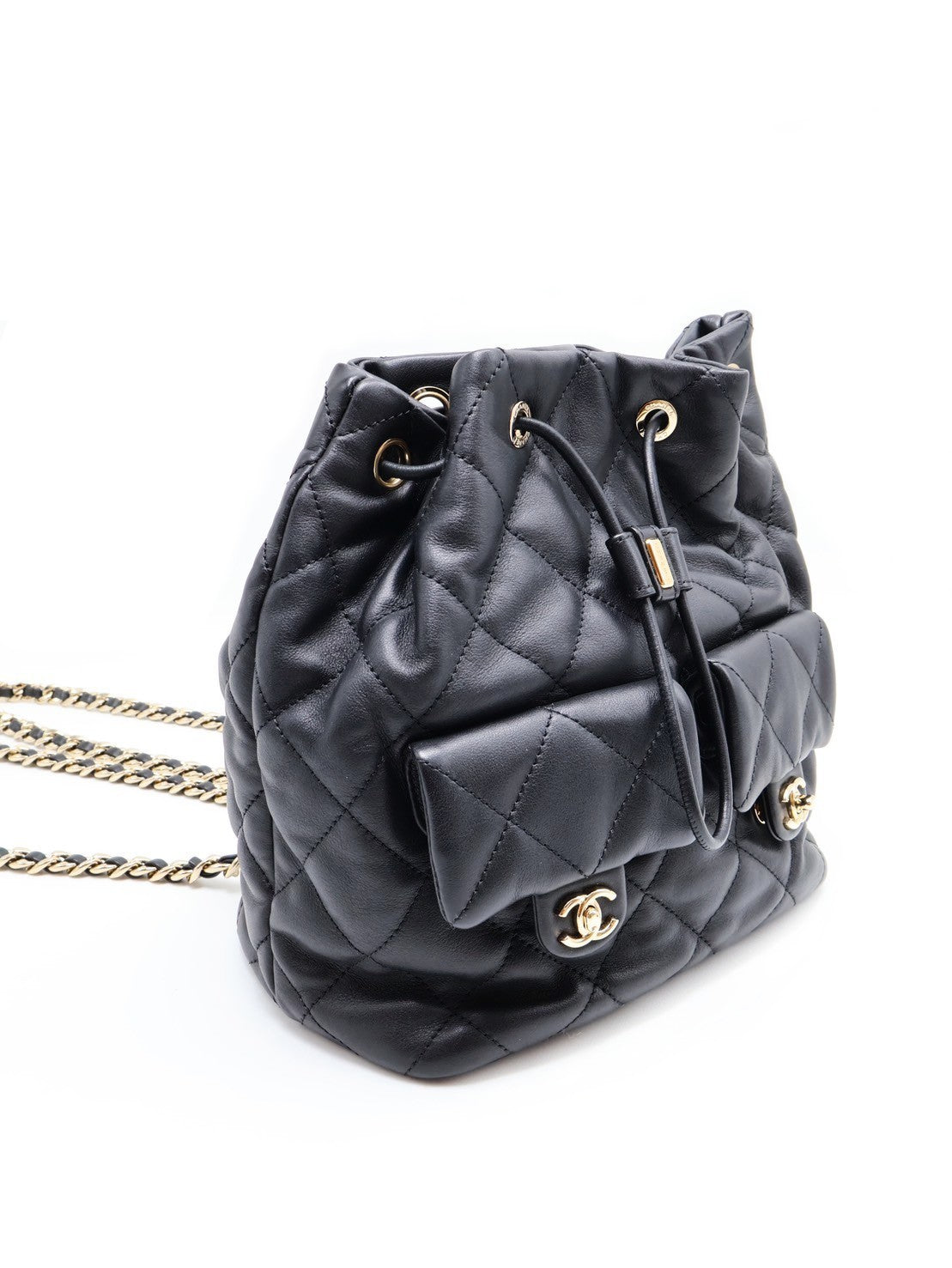 CHANEL 雙口袋皮穿鍊後背包 - 黑金