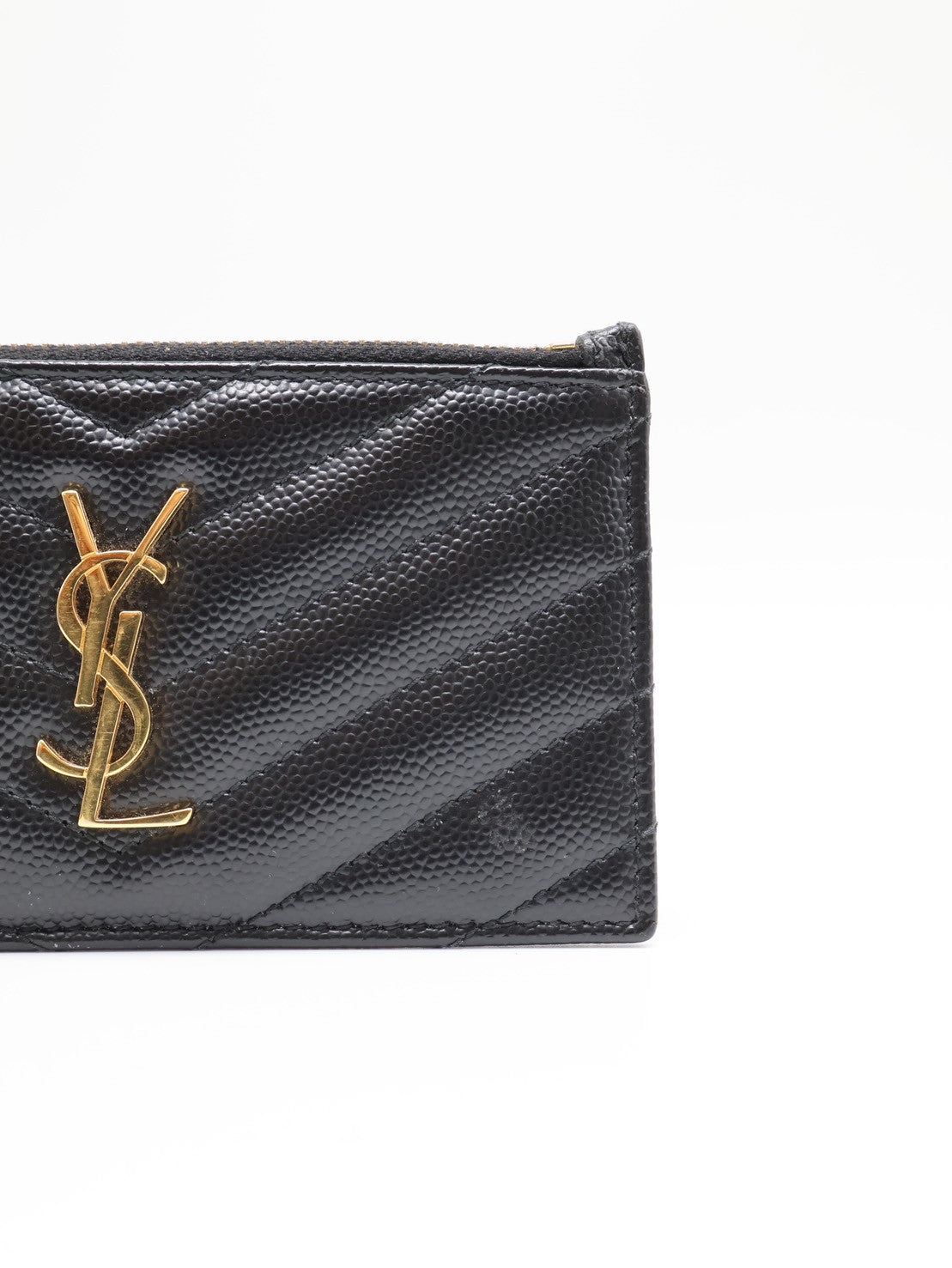 YSL Cassandre matelasse V字絎縫拉鍊卡包 - 黑金