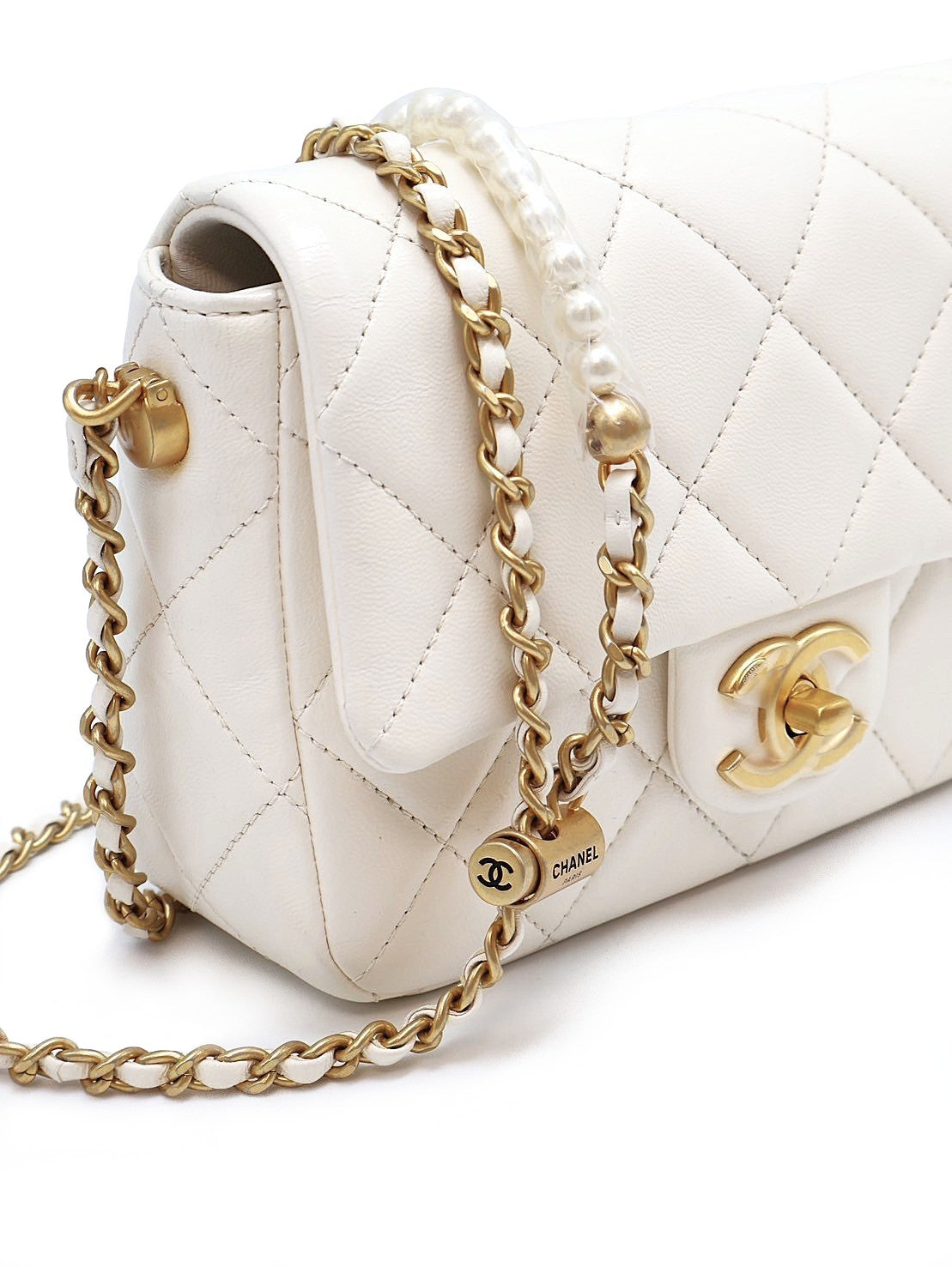 CHANEL 21K風衣釦珍珠鍊方胖子 - 白金