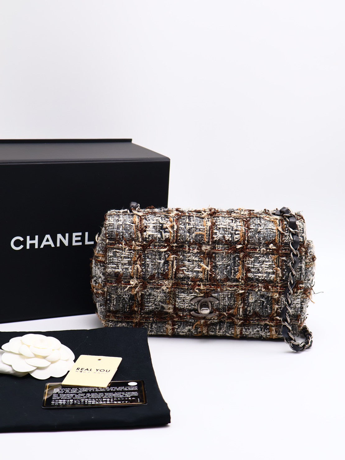CHANEL 經典口蓋包Mini CF20 - 編織毛呢棕灰銀27開