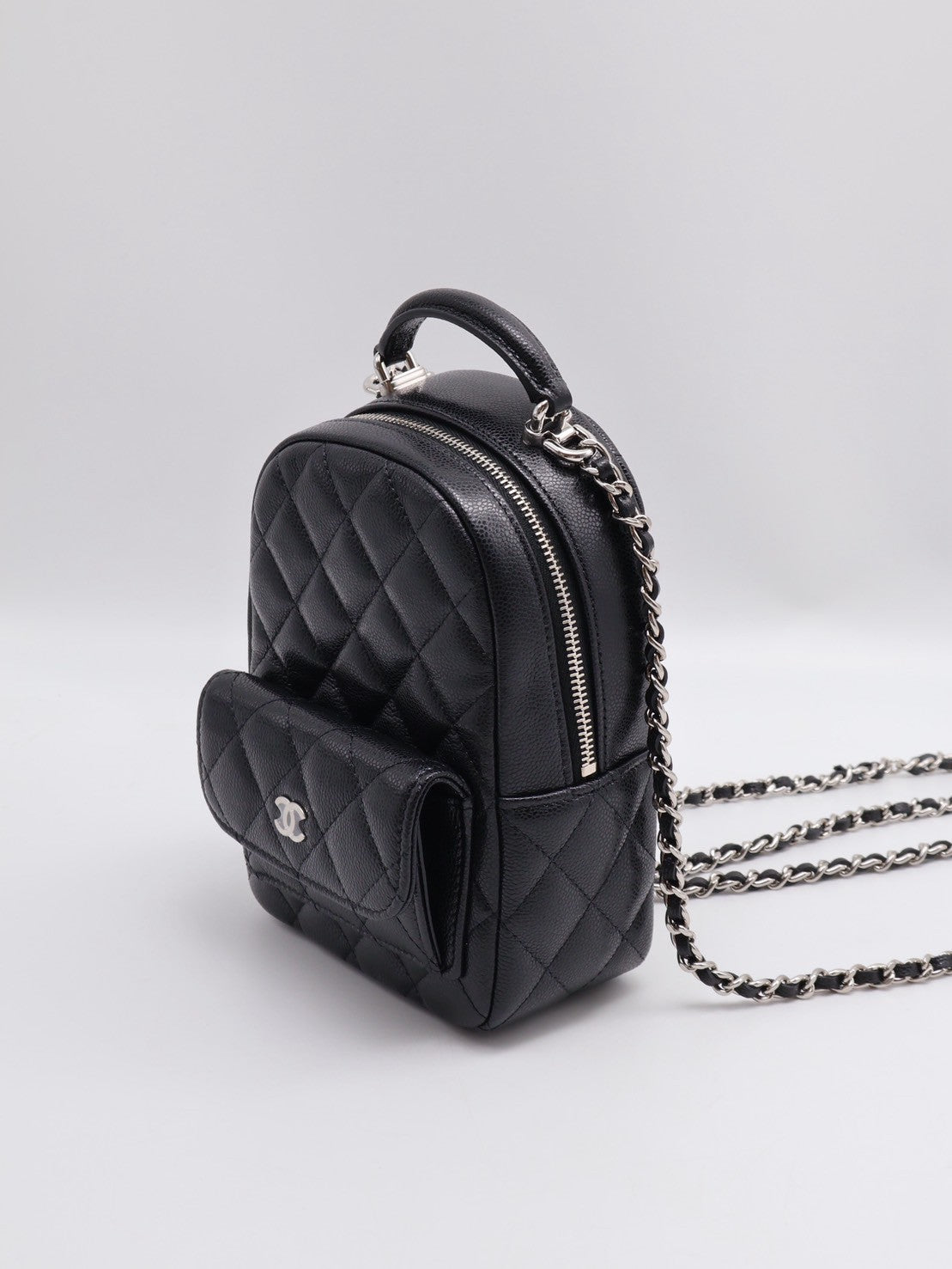 CHANEL 粒面牛皮迷你後背包 - 黑銀