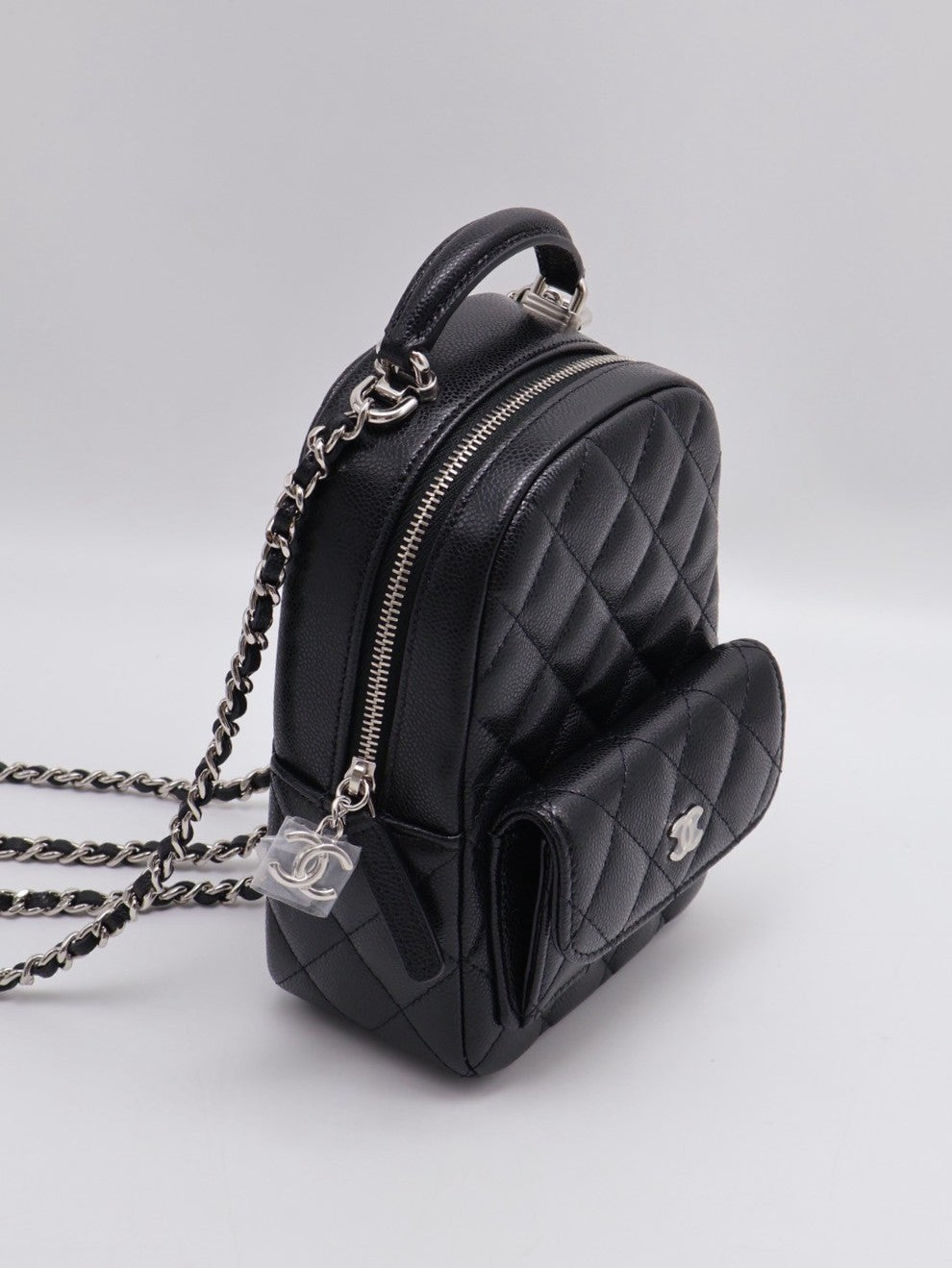 CHANEL 粒面牛皮迷你後背包 - 黑銀