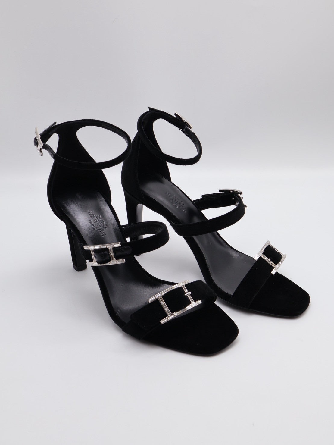 HERMES Liv 90 天鵝絨高跟涼鞋 - 黑銀 38