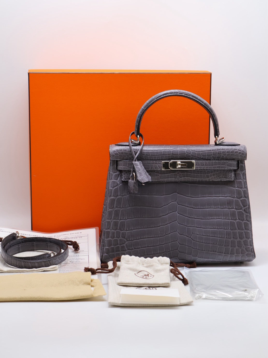 HERMES Kelly 28 霧面鱷魚皮 - 巴黎灰銀 🅀