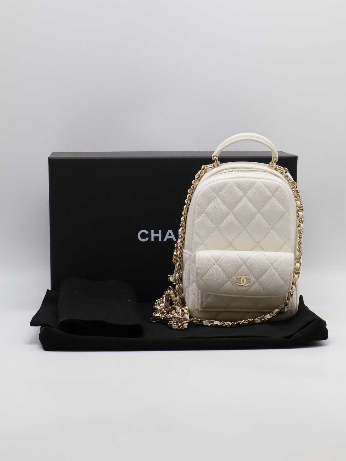 CHANEL 粒面牛皮迷你後背包 - 白金