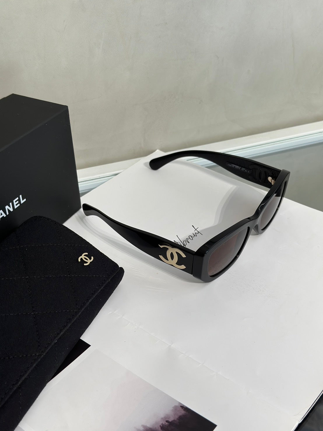 CHANEL 雙C長方形太陽眼鏡 - 黑