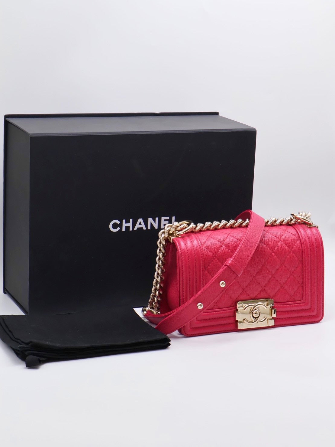 CHANEL Boy20 粒面牛皮口蓋包 - 桃紅金23開