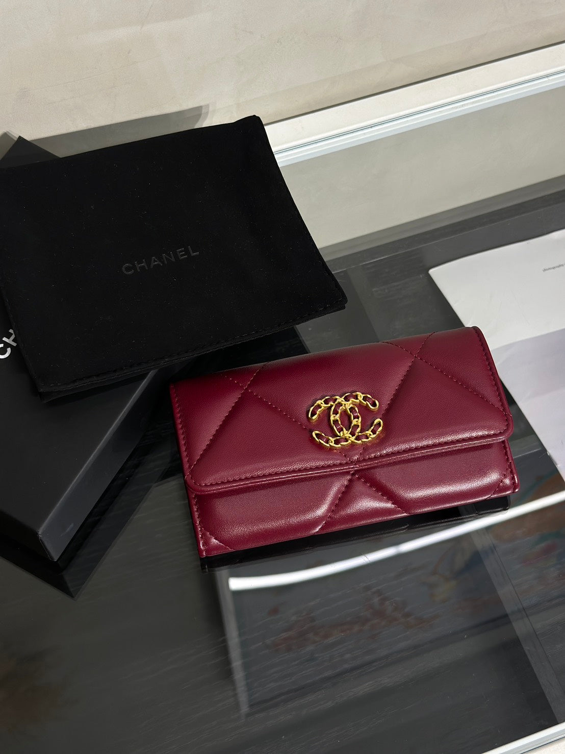 CHANEL 19 菱格紋雙折中夾 - 酒紅金