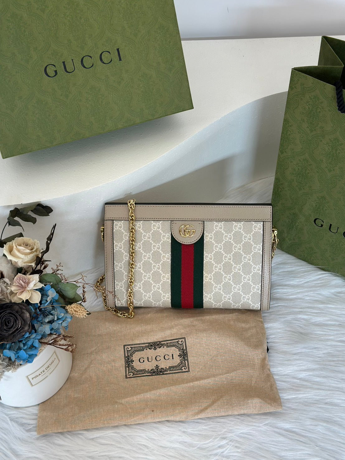 GUCCI Ophidia紅綠織帶夾子包- 中號米