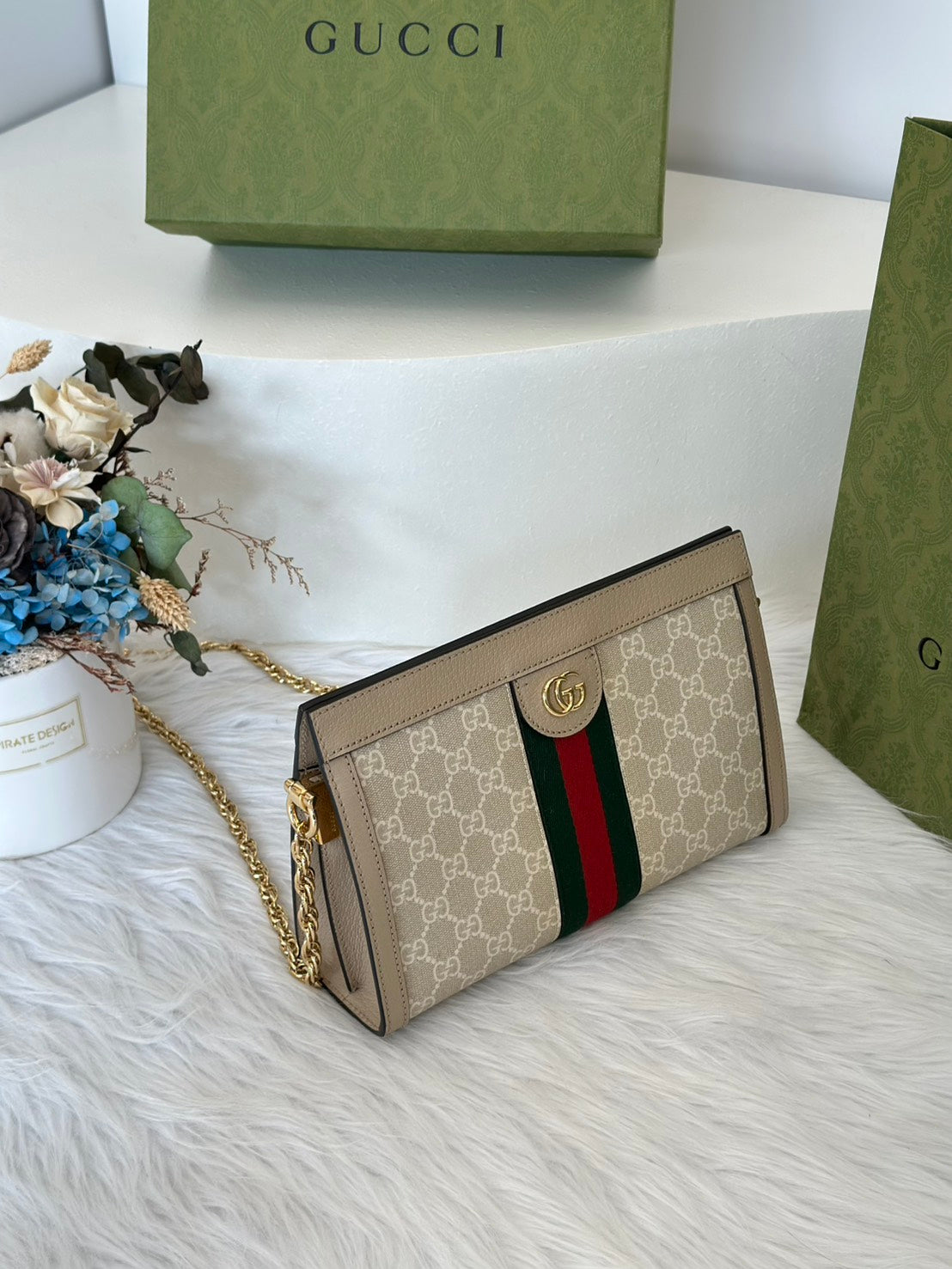 GUCCI Ophidia紅綠織帶夾子包- 中號米