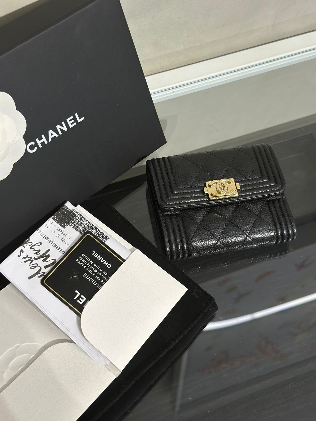 CHANEL Boy迷你三折短夾 - 黑金29開