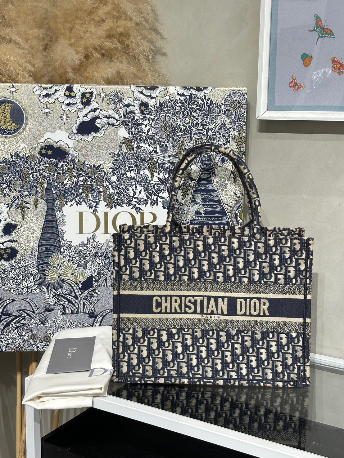 DIOR 經典老花刺繡Tote - 中號深藍