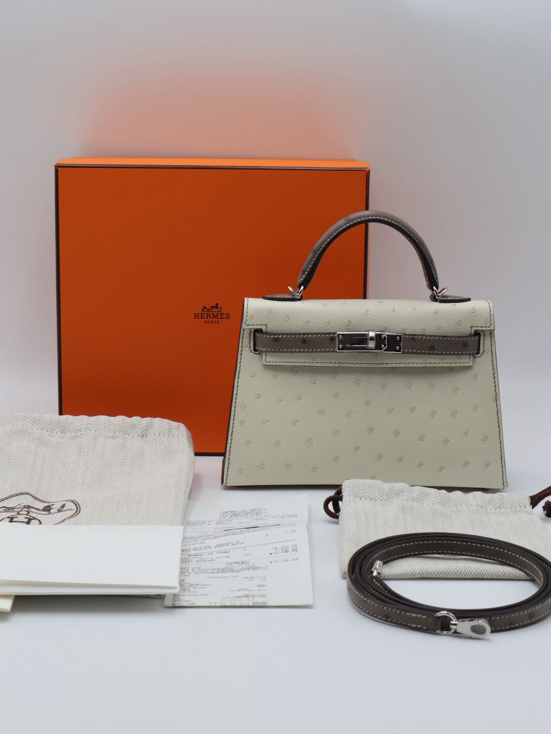HERMES Mini Kelly ll - Nata/Etoupe 鴕鳥皮奶油白拚大象灰銀 K