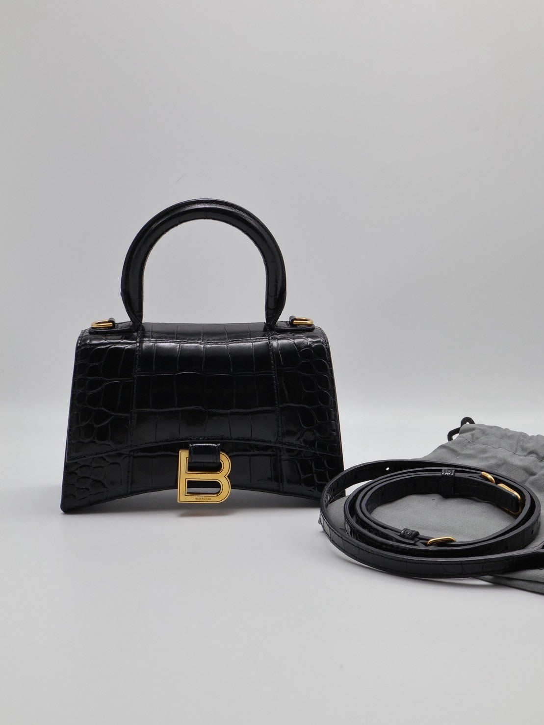 Balenciaga 閃亮小牛皮鱷魚壓紋沙漏包 - XS黑金