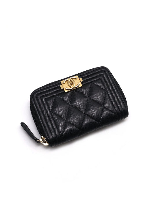 CHANEL Boy 經典粒面牛皮拉鍊零錢包 - 黑金31開