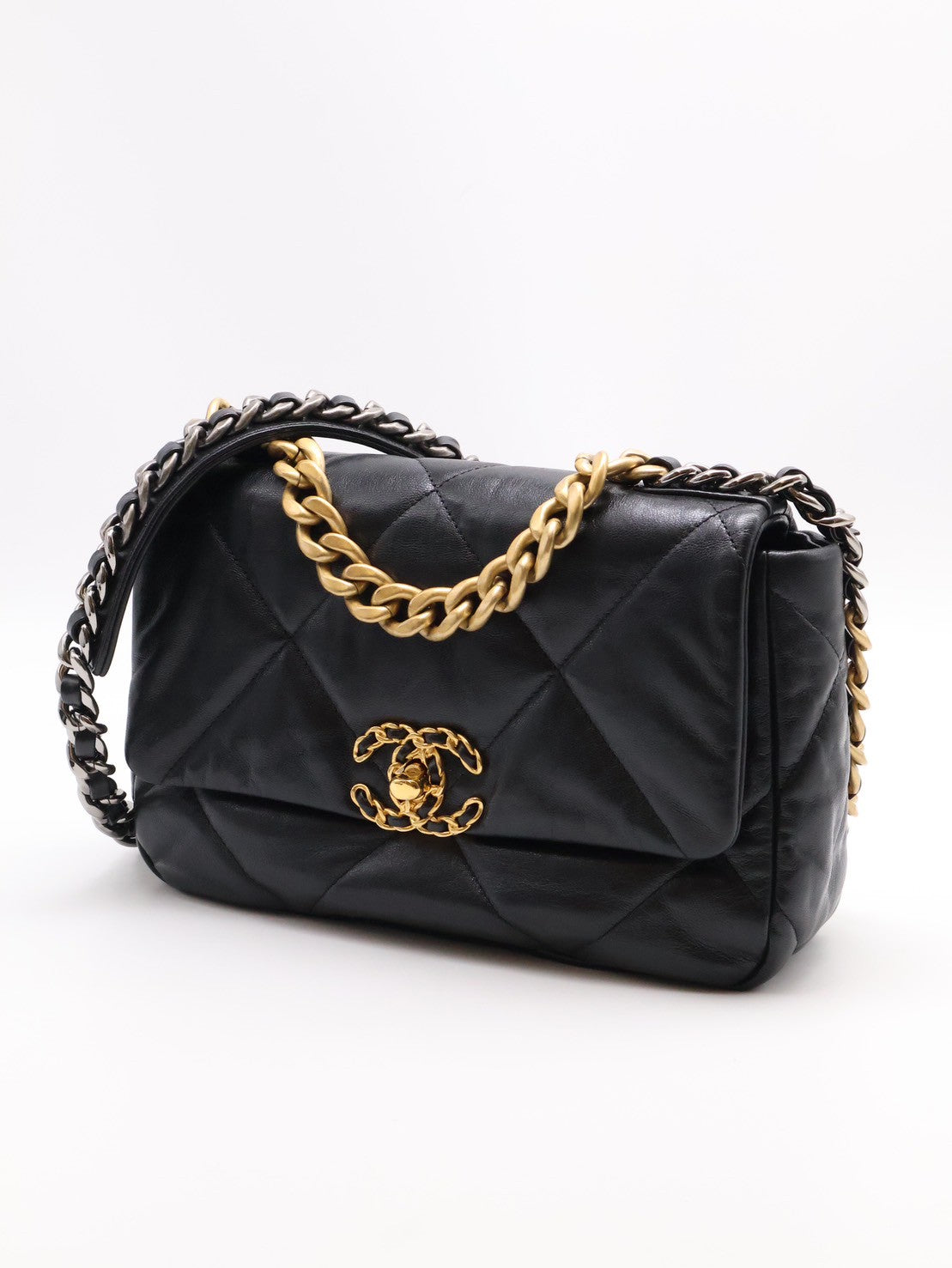 CHANEL 19 Bag 菱格紋羊皮手提肩背包 26 - 黑金29開