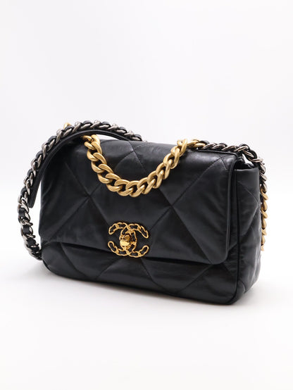 CHANEL 19 Bag 菱格紋羊皮手提肩背包 26 - 黑金29開