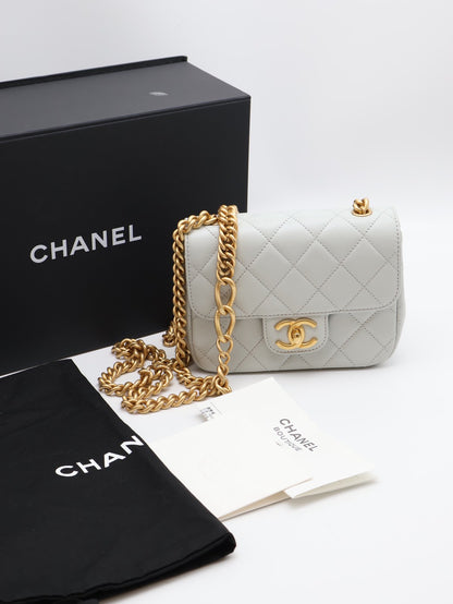 CHANEL 23S雙鍊單肩方胖 - 淺灰藍金
