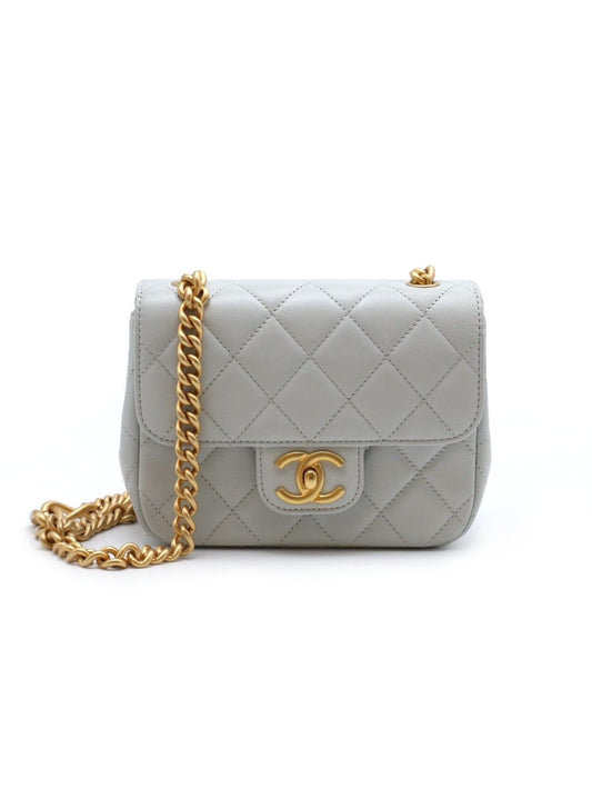 CHANEL 23S雙鍊單肩方胖 - 淺灰藍金