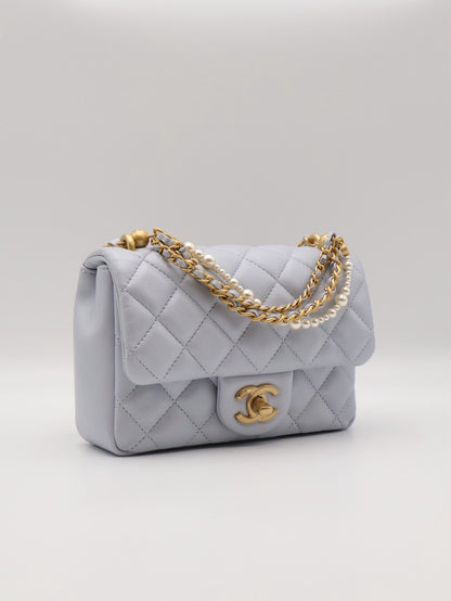 CHANEL 24P珍珠鍊手提方胖子 - 淺藍