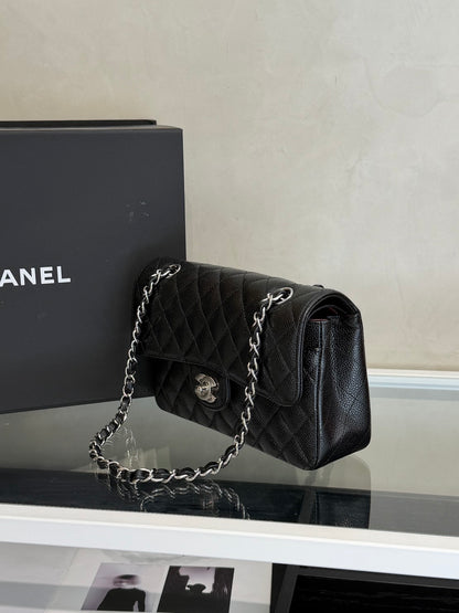 CHANEL 經典口蓋包 CF23 - 粒面牛皮黑銀
