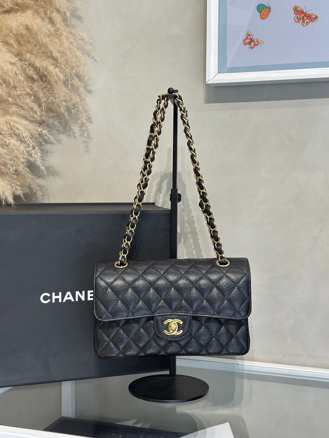 CHANEL 經典口蓋包 CF23 - 粒面牛皮黑金28開