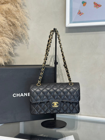 CHANEL 經典口蓋包 CF23 - 粒面牛皮黑金28開