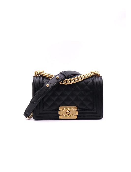 CHANEL Boy20 粒面牛皮口蓋包 - 黑金26開