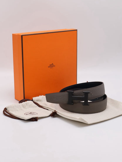 HERMES H黑釦雙面腰帶 - 深灰 90