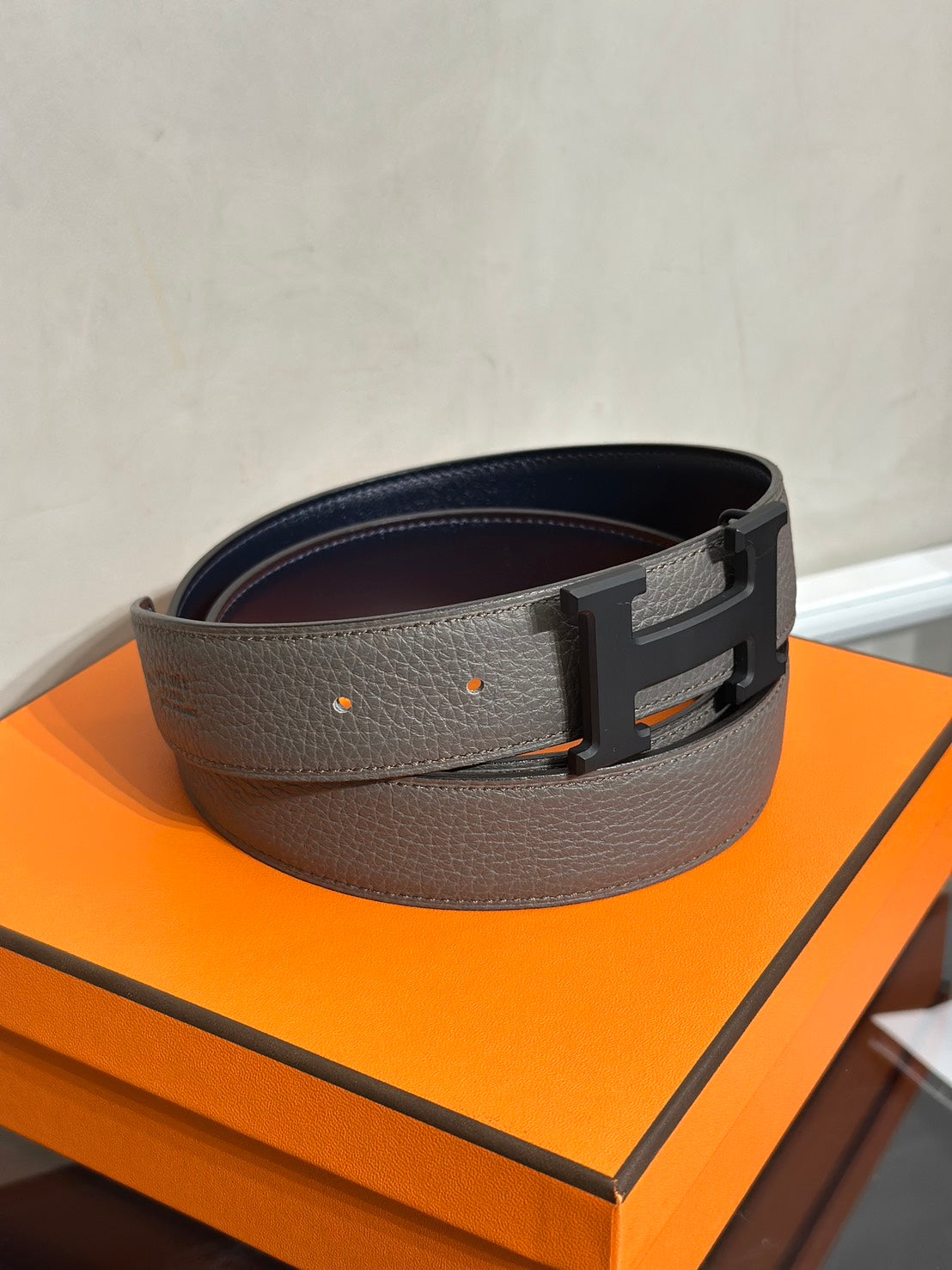 HERMES H黑釦雙面腰帶 - 深灰 90