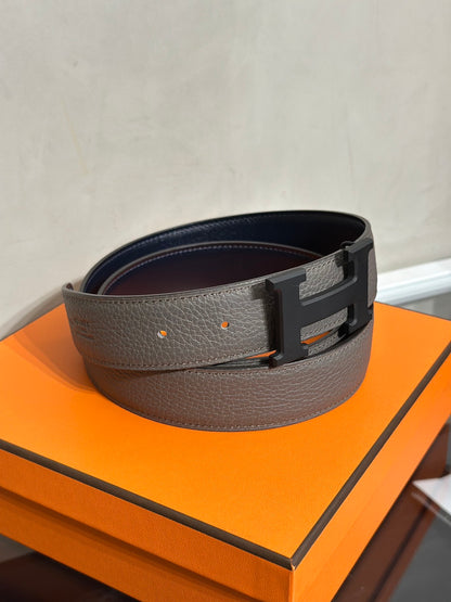 HERMES H黑釦雙面腰帶 - 深灰 90