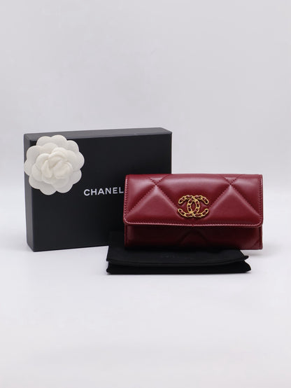 CHANEL 19 菱格紋雙折中夾 - 酒紅金