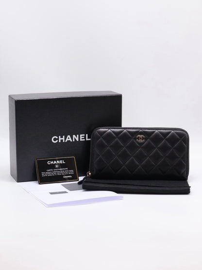 CHANEL 經典羊皮拉鍊長夾 - 黑銀17開