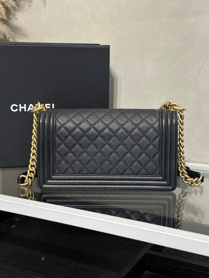 CHANEL Boy25 粒面牛皮口蓋包 - 黑金29開