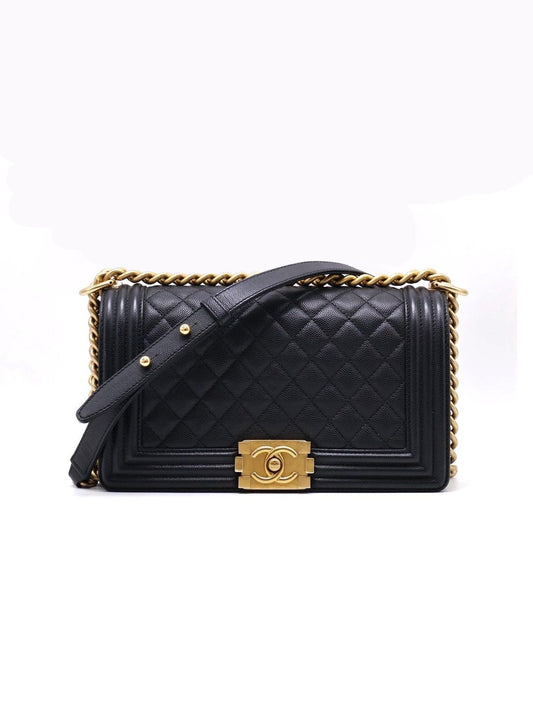 CHANEL Boy25 粒面牛皮口蓋包 - 黑金29開
