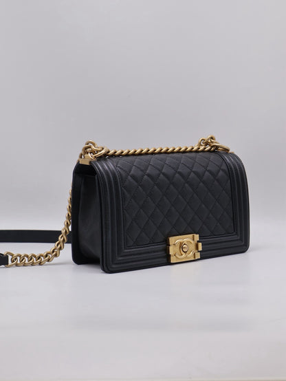 CHANEL Boy25 粒面牛皮口蓋包 - 黑金29開