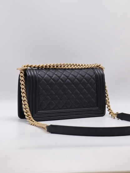 CHANEL Boy25 粒面牛皮口蓋包 - 黑金29開