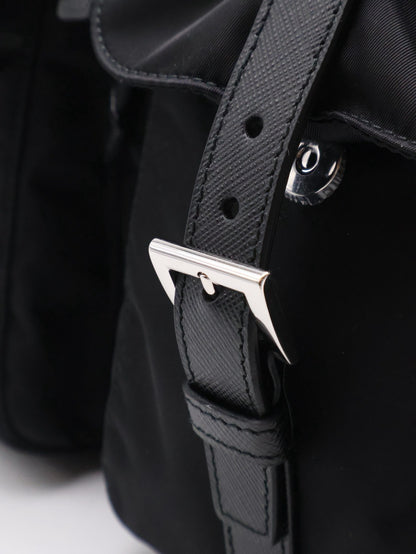 PRADA Re-Nylon雙口袋束繩後背包 - 中號黑銀