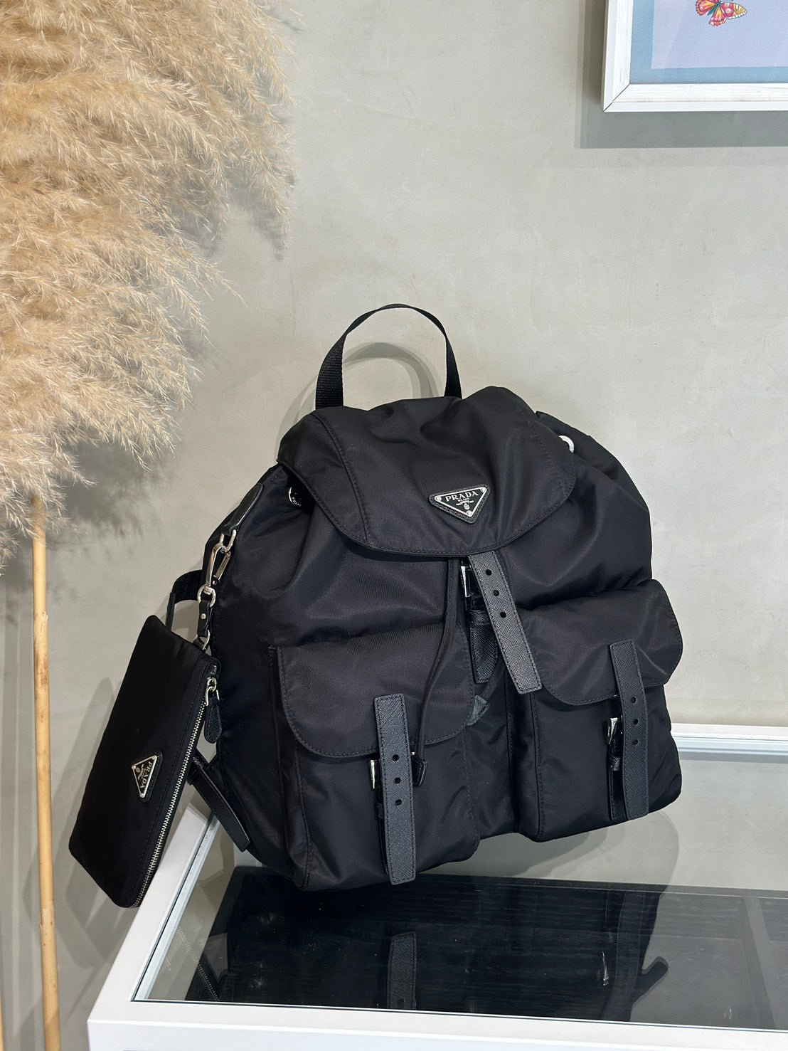 PRADA Re-Nylon雙口袋束繩後背包 - 中號黑銀