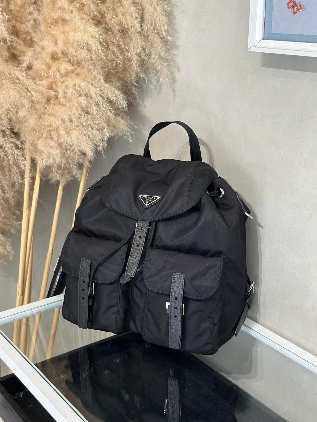 PRADA Re-Nylon雙口袋束繩後背包 - 中號黑銀