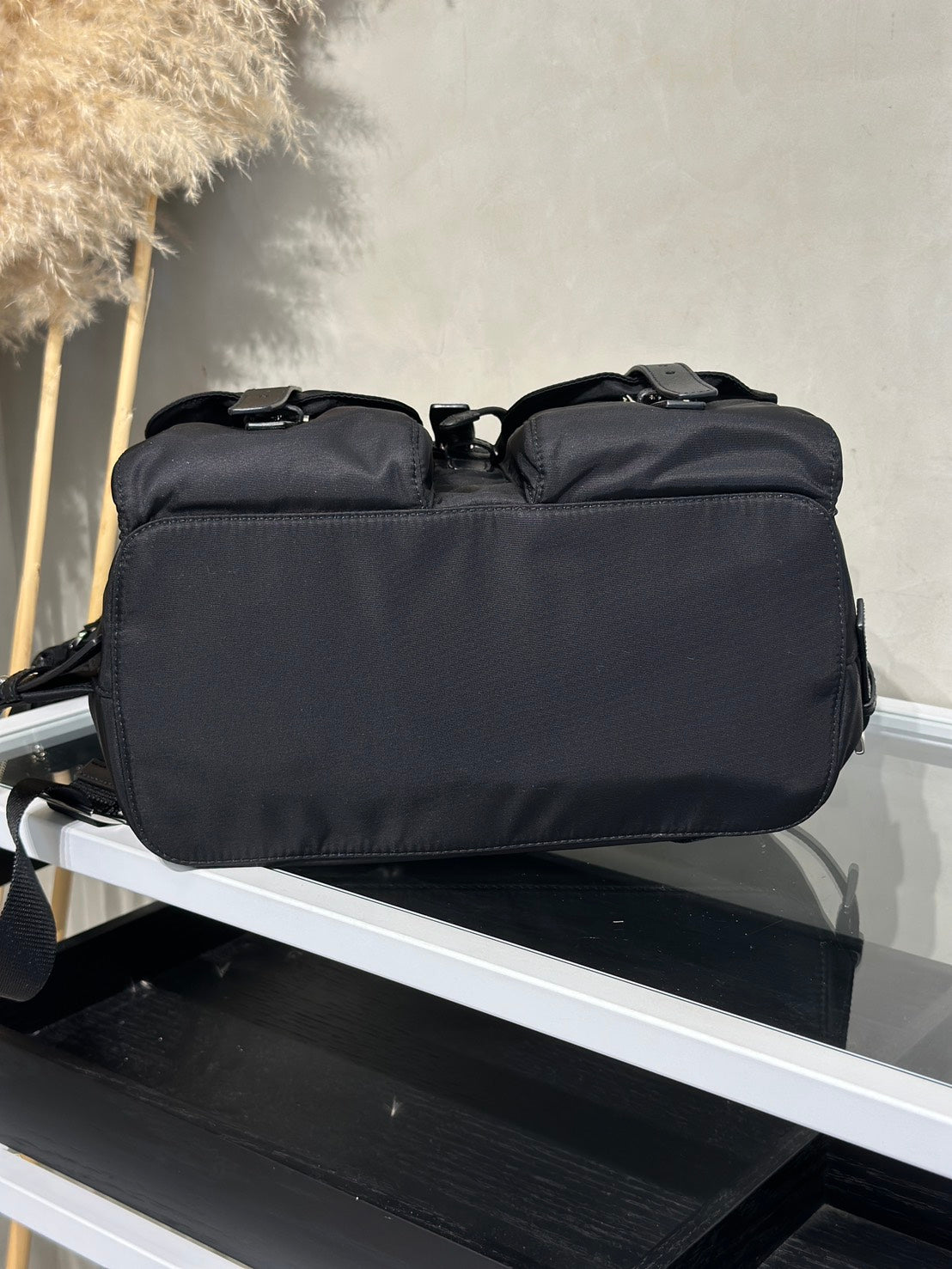 PRADA Re-Nylon雙口袋束繩後背包 - 中號黑銀