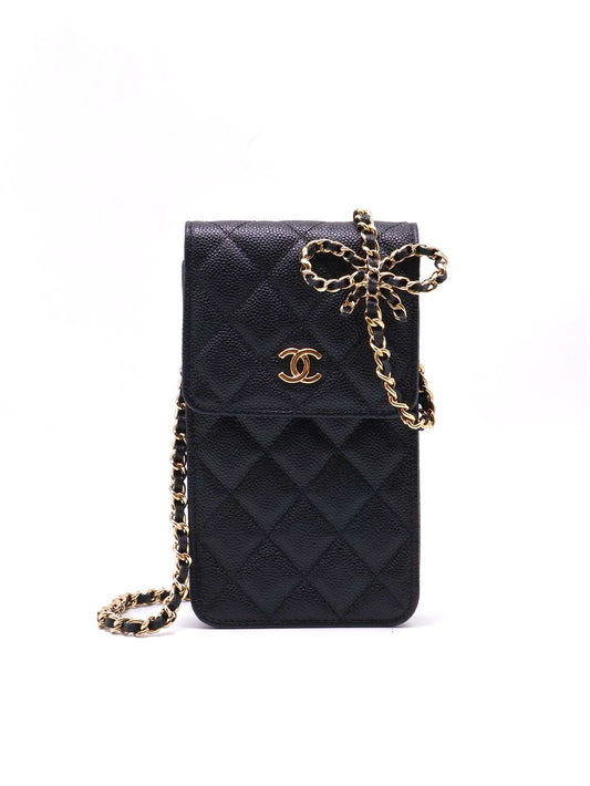 CHANEL 蝴蝶結皮穿鍊手機包 - 黑金