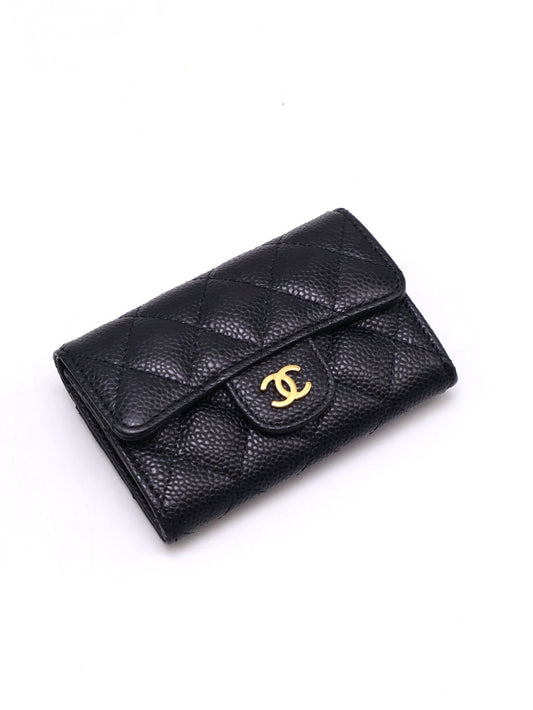 CHANEL 經典粒面牛皮口蓋卡包 - 黑金
