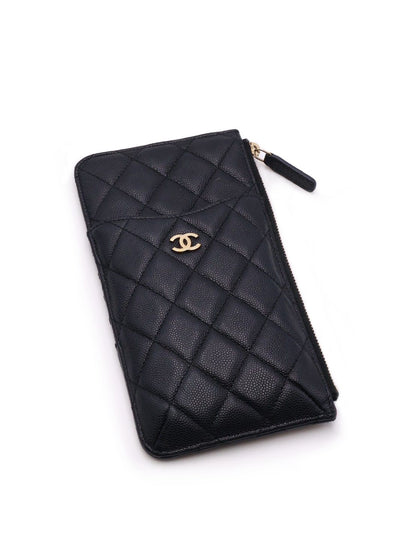 CHANEL 粒面牛皮卡包拉鍊長夾 - 黑金30開