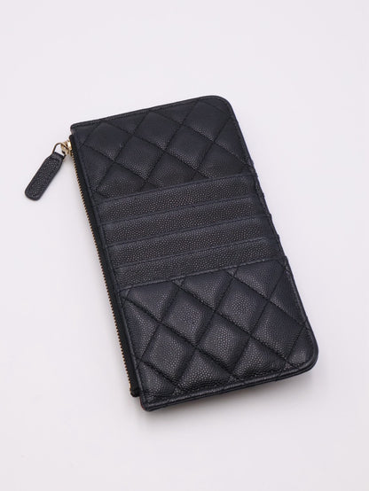 CHANEL 粒面牛皮卡包拉鍊長夾 - 黑金30開